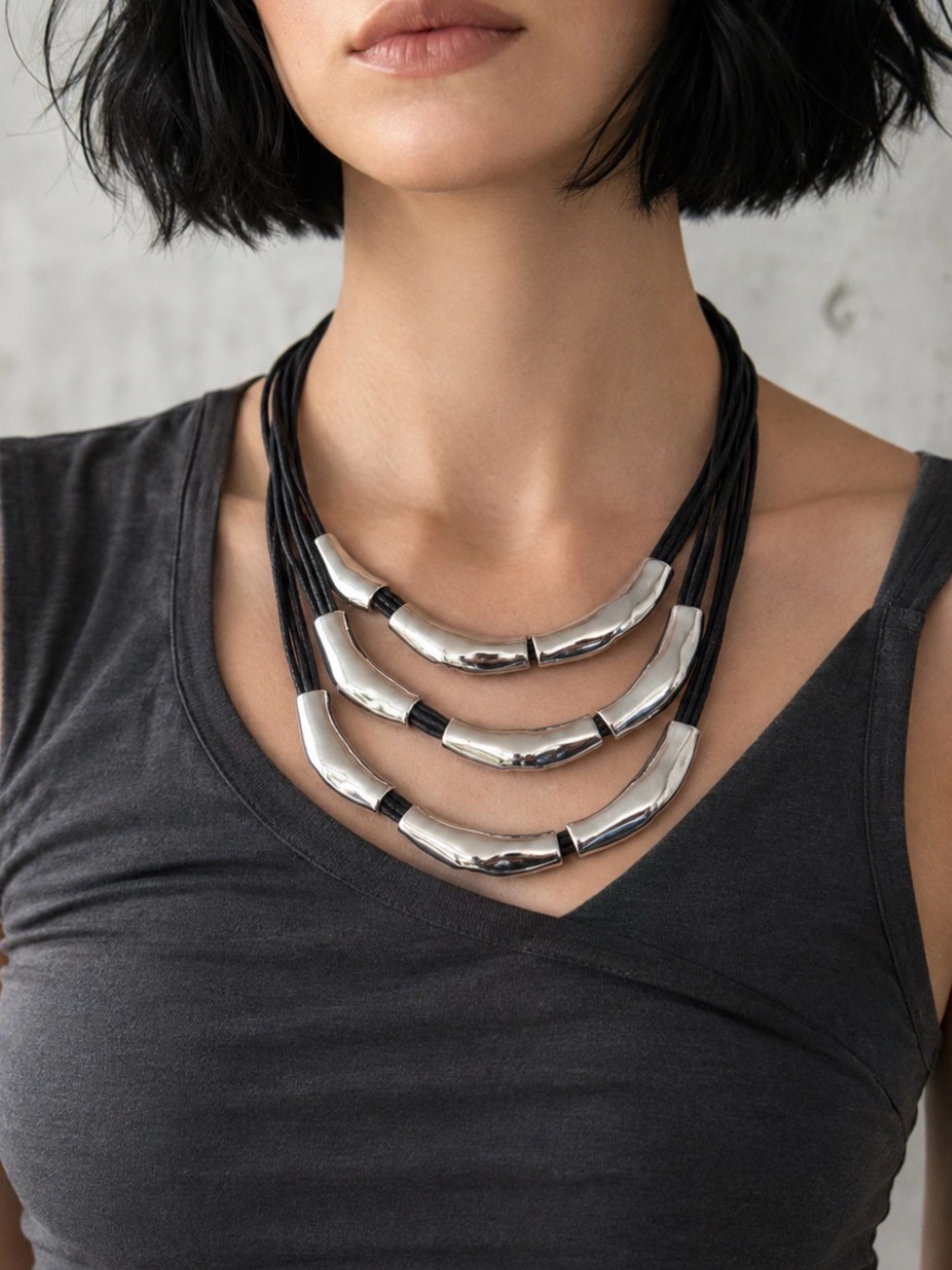 Chico’s Silver Tone Triple Strand Black Cord Statement Necklace 22” Modernist
